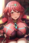  1girl absurdres bangs black_gloves blush breast_squeeze breasts chest_jewel earrings fingerless_gloves gloves highres huge_breasts jewelry looking_at_viewer paintcan parted_lips pyra_(xenoblade) red_eyes red_shorts redhead short_hair short_shorts shorts sidelocks smile solo swept_bangs thighs tiara tongue tongue_out xenoblade_chronicles_(series) xenoblade_chronicles_2 