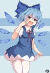  1girl arm_up blue_dress blue_eyes blue_hair blue_ribbon blush breasts cirno collared_shirt dress eyebrows_visible_through_hair fang floorbear hair_between_eyes hair_ribbon highres ice ice_wings loli looking_at_viewer open_mouth pinafore_dress puffy_short_sleeves puffy_sleeves red_neckwear red_ribbon ribbon shirt short_hair short_sleeves signature skin_fang small_breasts solo thighs touhou white_legwear white_shirt wings 