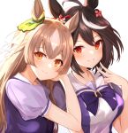  2girls ahoge animal_ears bangs black_hair blush bow breasts brown_hair closed_mouth commentary_request ear_ribbon eyebrows_visible_through_hair flower grin hair_between_eyes hair_flower hair_ornament hand_on_another&#039;s_shoulder hand_up head_rest highres horse_ears horse_girl kitasan_black_(umamusume) large_breasts looking_at_viewer multicolored_hair multiple_girls puffy_short_sleeves puffy_sleeves purple_bow purple_shirt red_eyes sailor_collar satono_diamond_(umamusume) school_uniform shirt short_sleeves simple_background sky_cappuccino smile streaked_hair tracen_school_uniform umamusume upper_body v white_background white_hair white_sailor_collar 