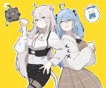  2girls absurdres ahoge animal_ears bangs black_legwear black_shorts blue_hair breasts closed_mouth collared_shirt cup donkoni ear_piercing elf eyebrows_visible_through_hair fang fang_out grey_eyes grey_hair hair_between_eyes hand_on_hip heart_ahoge highres holding holding_cup hololive large_breasts lion_ears lion_girl lion_tail long_hair long_sleeves looking_at_another multicolored_hair multiple_girls official_alternate_costume open_mouth piercing pointy_ears shirt shishiro_botan shorts sidelocks simple_background smile ssrb standing streaked_hair tail very_long_hair virtual_youtuber white_shirt yellow_background yellow_eyes yukihana_lamy yukimin_(yukihana_lamy) 