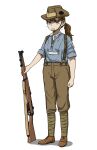  1girl anyan_(jooho) australian_army blue_eyes blue_shirt brown_footwear brown_hair brown_headwear brown_pants full_body gun hat highres holding holding_weapon lee-enfield leg_wrap long_hair looking_at_viewer military military_uniform original pants ponytail rifle shirt shoes simple_background sleeves_rolled_up solo standing suspenders teeth uniform weapon white_background world_war_i 