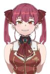  1girl bare_shoulders blush bow bow_(bhp) bowtie heterochromia hololive houshou_marine looking_at_viewer medium_hair no_eyepatch parted_lips red_bow red_eyes red_neckwear red_vest redhead simple_background smile solo twintails upper_body vest white_background yellow_eyes 