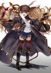  1girl absurdres belt black_footwear blonde_hair blue_skirt boots brown_eyes coat full_body granblue_fantasy hat highres holding holding_sword holding_weapon huge_weapon knee_boots leg_belt long_hair long_sleeves looking_at_viewer luicent monika_weisswind open_mouth oversized_object peaked_cap pleated_skirt scabbard sheath sheathed skirt solo standing sword thigh-highs uniform very_long_hair weapon wide_sleeves zettai_ryouiki 