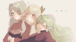  3girls :i ^_^ bangs blonde_hair blue_eyes blue_hair blush breasts brown_eyes closed_eyes elira_pendora euphie_vt finana_ryugu flower green_hair hair_flower hair_ornament hair_over_one_eye head_fins head_wings highres hug hug_from_behind lazulight looking_at_viewer medium_breasts multiple_girls nijisanji nijisanji_en one_eye_covered open_mouth pomu_rainpuff ponytail red_sweater sweater virtual_youtuber 