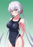  1girl absurdres arms_behind_back blush breasts collarbone competition_swimsuit covered_navel gradient gradient_background green_background highleg highleg_swimsuit highres large_breasts long_hair looking_at_viewer one-piece_swimsuit senki_zesshou_symphogear silver_hair solo standing swimsuit taurus_(cor-tauri-0426) twintails violet_eyes yukine_chris 