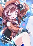  1girl blush brown_eyes brown_hair clouds collarbone dolphin fingerless_gloves gloves guilty_gear hat highres looking_at_viewer may_(guilty_gear) ocean omochishiki one_eye_closed open_mouth pirate_hat sky solo teeth v water 
