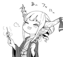  1girl alternate_costume alternate_hairstyle bow closed_eyes commentary_request dango drill_hair food greyscale holding horn_bow horn_ornament horns ibuki_suika japanese_clothes kimono kumamoto_(bbtonhk2) long_sleeves lowres monochrome short_hair_with_long_locks sidelocks simple_background solo steam touhou wagashi white_background wide_sleeves 