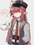  1girl :o arknights asususususu bangs black_headwear grey_background hair_between_eyes hair_ornament hairpin hand_in_pocket highres horns index_finger_raised jacket long_hair long_sleeves looking_at_viewer necktie open_mouth pointy_ears polo_shirt red_eyes red_neckwear redhead shirt simple_background solo vigna_(arknights) white_shirt 
