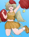  1girl ;d alternate_costume bangs bird bird_wings blonde_hair blue_background cheerleader chick clothes_writing eyebrows_visible_through_hair fe_(tetsu) full_body hand_fan highres holding holding_pom_poms looking_at_viewer multicolored_hair navel niwatari_kutaka one_eye_closed open_mouth orange_footwear orange_skirt orange_tank_top pom_pom_(cheerleading) red_eyes redhead shoes simple_background skirt smile sneakers tank_top touhou two-tone_hair wings yellow_wings 