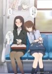  age_difference bag black_hair blush brown_hair cellphone flying_sweatdrops ground_vehicle handbag highres leaning_on_person leaning_to_the_side multiple_girls muromaki necktie office_lady original pantyhose phone poster_(object) school_uniform short_hair sitting skirt sleeping sleeves_rolled_up smartphone sweat train train_interior translation_request yuri 