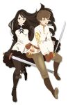  1boy 1girl agnes_oblige black_gloves black_hair bravely_default bravely_default_(series) bravely_default_1 breasts brown_eyes brown_hair closed_mouth couple dress gloves hairband long_hair looking_at_viewer love nintendo open_mouth simple_background smile square_enix sword tiz_oria weapon white_background 