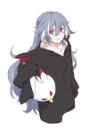  1girl absurdres amyucheu animal bangs bird black_hoodie chicken closed_mouth fu_hua fu_hua_(herrscher_of_sentience) grey_hair hair_between_eyes highres holding holding_animal honkai_(series) honkai_impact_3rd hood hoodie long_hair long_sleeves looking_at_viewer multicolored_hair red_eyes simple_background smile streaked_hair white_background 