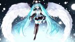  1girl :d angel_wings aqua_eyes aqua_hair bangs bare_shoulders commentary detached_sleeves eyebrows_visible_through_hair hatsune_miku highres long_hair looking_at_viewer necktie open_mouth pentagon_(railgun_ky1206) pleated_skirt shirt skirt smile solo thigh-highs twintails very_long_hair vocaloid white_shirt wide_sleeves wings zettai_ryouiki 