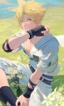  1boy alternate_color aqua_eyes belt black_belt black_gloves black_socks blonde_hair bouquet cloud_strife cluck_gugu earrings elbow_pads feet_out_of_frame final_fantasy final_fantasy_vii final_fantasy_vii_ever_crisis final_fantasy_vii_remake fingerless_gloves flower gloves hair_between_eyes highres indian_style jewelry looking_at_viewer male_focus official_alternate_costume outdoors parted_lips pectorals sailor_collar shirt short_hair short_sleeves shorts single_earring single_elbow_pad single_glove sitting socks solo spiky_hair toned toned_male white_flower white_sailor_collar white_shirt white_shorts 