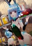  alcohol android animal_ears b.d bangs barcode beer beer_mug black_leotard blue_hair breasts bunny_girl_android cup eyebrows_visible_through_hair fake_animal_ears fake_tail food guardian_tales highres holding holding_tray leotard looking_at_viewer mug open_mouth oversized_breast_cup pink_eyes playboy_bunny rabbit_ears rabbit_tail short_hair sleeveless small_breasts tail tattoo thighs tray wrist_cuffs 