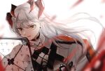  1girl arknights bangs black_choker blood blood_splatter blurry blurry_foreground choker commentary dragon_horns earrings holding holding_shield horns jewelry long_hair orange_eyes parted_lips saria_(arknights) shield shirt silver_hair solo stud_earrings upper_body white_background white_shirt zoora 