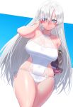 1girl anastasia_(fate) bangs bare_shoulders blue_eyes blush breasts fate/grand_order fate_(series) hair_over_one_eye highres large_breasts long_hair looking_at_viewer one-piece_swimsuit onsoku_inu silver_hair swimsuit thighs very_long_hair viy_(fate) white_swimsuit wide_hips