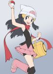  1girl :d bag beanie bike_shorts bike_shorts_under_skirt black_hair black_legwear boots bracelet clenched_hand commentary_request hikari_(pokemon) duffel_bag eyelashes floating_hair floating_scarf grey_eyes hair_ornament hairclip hat highres holding holding_poke_ball jewelry long_hair open_mouth over-kneehighs pink_footwear pink_skirt poke_ball poke_ball_(basic) pokemon pokemon_(game) pokemon_dppt shirt skirt sleeveless sleeveless_shirt smile solo thigh-highs tongue upper_teeth white_headwear yellow_bag yoshi_(moco1) 