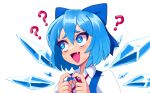  1girl ? blue_eyes blue_hair bow cirno collared_shirt fang hair_between_eyes hair_bow hands_up hcnone highres ice ice_wings index_finger_raised looking_to_the_side neck_ribbon own_hands_together portrait red_ribbon ribbon shirt short_hair sideways_glance smile solo sweater touhou wings 