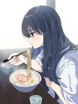  1girl black_hair blue_eyes blurry blurry_background chopsticks commentary_request eating elbow_rest food from_side highres holding holding_chopsticks light_blush long_hair nanaponi noise noodles original profile ramen shirt short_sleeves solo white_shirt window 