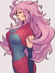  1girl android_21 breasts checkered checkered_dress dragon_ball dragon_ball_fighterz dress grey_background kemachiku long_hair looking_at_viewer majin_android_21 medium_breasts pink_hair red_eyes simple_background solo 