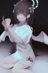  1girl absurdres angel angel_wings belt blood blood_on_clothes brown_hair closed_mouth cuffs dress hair_ribbon halo hands_up highres long_hair looking_at_viewer middle_finger migihidari_(puwako) nail_polish original red_eyes red_nails ribbon sitting smile solo thigh_strap white_belt white_dress white_ribbon white_wings wings yokozuwari 