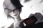  1boy absurdres bangs black_hair black_headwear brown_eyes character_print commentary_request danganronpa_(series) danganronpa_v3:_killing_harmony gradient gradient_background grey_background hair_between_eyes hands_up hat heterochromia highres holding looking_at_viewer monokuma open_mouth pink_eyes portrait ropo_(ropo_123) saihara_shuuichi short_hair smile solo spot_color translation_request 