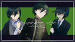  1boy 2021 ahoge alternate_hair_color bangs black_hair black_headwear blue_neckwear bow bowtie buttons collared_shirt commentary_request danganronpa_(series) danganronpa_v3:_killing_harmony double-breasted duo_xin frown green_background green_hair hair_between_eyes hands_up happy_birthday highres jacket jacket_on_shoulders lower_teeth male_focus multiple_views necktie official_alternate_costume open_mouth saihara_shuuichi serious shirt short_hair simple_background striped striped_jacket vest 