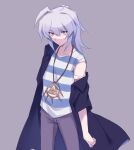  1boy bakura_ryou bandaged_arm bandages bangs blood blue_coat blue_shirt coat collarbone cowboy_shot eyebrows_visible_through_hair grey_background grey_hair grey_pants jewelry long_hair long_sleeves looking_at_viewer male_focus messy_hair millennium_ring necklace nemu_mohu off_shoulder open_clothes pants red_eyes shirt simple_background solo striped striped_shirt two-tone_shirt white_shirt yu-gi-oh! yu-gi-oh!_duel_monsters 