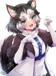  1girl :3 animal_ears black_fur black_hair black_jacket blue_eyes commentary_request cowboy_shot dog_ears dog_girl dog_tail elbow_gloves eyebrows_visible_through_hair fang fur_trim gloves harness highres jacket kemono_friends multicolored multicolored_clothes multicolored_hair multicolored_jacket open_clothes open_jacket open_mouth paw_pose scarf short_hair short_sleeves siberian_husky_(kemono_friends) solo sweater tail two-tone_hair two-tone_jacket white_gloves white_hair white_jacket white_neckwear white_sweater yuanagae 