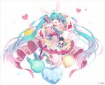  1girl :d ahoge animal_ear_fluff animal_ears aqua_hair arm_up balloon blue_eyes boots bow character_name commentary cross-laced_footwear dress flower gradient_hair hair_bow hakusai_(tiahszld) hand_up hatsune_miku heart heart_balloon lace-up_boots long_hair looking_at_viewer midair multicolored_hair open_mouth pink_dress pink_hair puffy_short_sleeves puffy_sleeves rabbit_ears red_bow roller_skates rose short_sleeves skates smile solo striped striped_bow thigh-highs thighhighs_under_boots twintails upper_teeth very_long_hair vocaloid white_background white_footwear white_legwear yellow_flower yellow_rose 