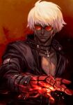 1boy black_choker black_jacket burning choker closed_mouth dark_skin facing_viewer hankuri jacket k&#039; k&#039;_(kof) looking_at_viewer male_focus mechanical_arms open_clothes open_jacket red-tinted_eyewear red_background short_hair solo sunglasses the_king_of_fighters the_king_of_fighters_&#039;99 tinted_eyewear upper_body white_hair