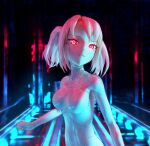  1girl android bodysuit breasts colored_skin covered_navel glowing glowing_eyes highres looking_at_viewer medium_breasts medium_hair original parted_lips red_eyes shiny shiny_clothes skin_tight smile solo two_side_up white_hair white_skin yumikoyama49 