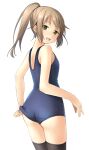  1girl :d adjusting_clothes adjusting_swimsuit ass bangs bare_arms bare_shoulders black_legwear blue_swimsuit blush brown_hair commentary_request eyebrows_visible_through_hair from_behind green_eyes high_ponytail highres long_hair looking_at_viewer looking_back old_school_swimsuit one-piece_swimsuit open_mouth original ponytail school_swimsuit shibacha sidelocks simple_background smile solo swimsuit thigh-highs thighs white_background 