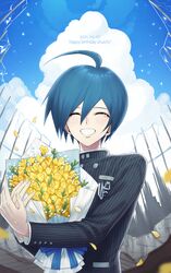  ahoge alternate_hair_color bangs black_jacket bouquet breast_pocket buttons closed_eyes clouds danganronpa_(series) danganronpa_v3:_killing_harmony dated day facing_viewer flower green_hair grin hair_between_eyes happy_birthday highres holding holding_bouquet jacket outdoors pocket saihara_shuuichi shiny shiny_hair short_hair smile striped striped_jacket teeth ttegi_(ddeck_dg) upper_body 