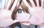 1girl absurdres bangs blurry blurry_background blurry_foreground brown_eyes brown_hair collared_shirt covered_mouth depth_of_field duplicate face fudepenbrushpen hair_ornament hairclip hands_up highres hirasawa_yui k-on! looking_at_viewer medium_hair shirt short_hair solo white_shirt 