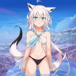  1girl :o animal_ears bangs bare_shoulders black_panties blue_neckwear blue_sky blush braid breasts collarbone commentary_request day eyebrows_visible_through_hair fox_ears fox_girl fox_tail green_eyes hair_between_eyes hololive jushoro long_hair looking_at_viewer navel neckerchief open_mouth outdoors panties shirakami_fubuki shirt sidelocks single_braid sky small_breasts solo tail underwear virtual_youtuber wading white_hair white_shirt 