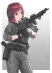  1girl aiming alternate_costume angel_beats! belt black_gloves black_pants border commentary_request commission contrapposto cowboy_shot d-sawa613 earmuffs gloves gradient gradient_background grey_background gun highres iwasawa pants red_eyes redhead rifle short_hair skeb_commission solo weapon weapon_request white_border 