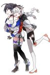  2girls :d :o absurdres antenna_hair bangs black_footwear black_gloves boots braid full_body gloves hair_between_eyes highres hm_mono honkai_(series) honkai_impact_3rd hug hug_from_behind jacket kiana_kaslana kiana_kaslana_(white_comet) long_hair long_sleeves multiple_girls open_mouth ponytail purple_hair raiden_mei raiden_mei_(striker_fulminata) shirt simple_background smile thigh-highs thigh_boots twin_braids violet_eyes white_background white_hair white_jacket white_shirt 