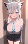  1girl absurdres animal_ears blue_archive blue_eyes blush breasts cat_ears commentary_request grey_hair hair_between_eyes halo highres large_breasts leaning_forward looking_at_viewer necktie open_mouth pleated_skirt shiroko_(blue_archive) short_hair skirt solo standing starfox1015 