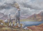  acrylic_paint_(medium) clouds cloudy_sky day full_body grass mixed-language_commentary mountain no_humans outdoors painting_(medium) pokemon pokemon_(creature) sky solo standing traditional_media typthis water wyrdeer 