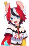  1girl :d alternate_hairstyle animal_ears bare_shoulders blue_eyes blush bright_pupils clothes_writing collar cropped_shirt detached_sleeves hakos_baelz highres hololive hololive_english looking_at_viewer mouse_ears mousetrap multicolored_hair off-shoulder_shirt off_shoulder open_mouth print_shirt redhead sharp_teeth shirt short_hair simple_background smile solo spiked_collar spikes teeth upper_body upper_teeth virtual_youtuber white_background white_pupils yoako 