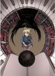  1boy absurdres amami_rantarou ball blue_shirt book bracelet circle danganronpa_(series) door feet_out_of_frame green_hair grey_pants highres jewelry library looking_up necklace pants piano_keys riyuta shadow shirt solo two-tone_shirt 