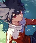  1boy bangs black_hair blush commentary day grass hair_between_eyes high_collar hugh_(pokemon) jacket looking_at_viewer male_focus outdoors pants parted_lips pokemon pokemon_(game) pokemon_bw2 red_eyes red_jacket short_hair sitting solo spiky_hair tpi_ri twitter_username zipper_pull_tab 