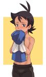  1boy antenna_hair ash_ketchum bangs black_hair blue_eyes blush brown_pants collarbone commentary_request eyelashes goh_(pokemon) hair_ornament hairclip highres holding holding_clothes holding_jacket jacket male_focus pants pokemon pokemon_(anime) pokemon_swsh_(anime) shirtless short_hair smelling solo sweat tama!_(lazyturtle) 