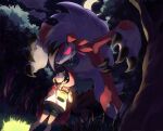  1girl bangs brown_hair cape clouds commentary crescent_moon drooling forest gen_7_pokemon glowing glowing_eyes grass green_shorts highres holding holding_lantern hood hood_up hooded_cape lantern lycanroc lycanroc_(midnight) moon nature night outdoors pokemon pokemon_(creature) pokemon_(game) pokemon_sm red_cape saliva selene_(pokemon) sharp_teeth sheery_sbox shirt short_hair shorts sky standing teeth tree white_shirt 