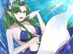  1girl bikini blue_bikini blue_bra blue_headwear blue_sarong blush bow bra breasts collarbone cup earrings eyebrows_visible_through_hair fang ghost_tail green_eyes green_hair hat hat_bow highres holding holding_cup jewelry large_breasts long_hair midriff milll_77 mima_(touhou) navel open_mouth pointy_ears sarong stomach swimsuit touhou touhou_(pc-98) underwear very_long_hair white_bow yellow_bow 