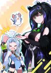  ! 2girls =_= animal_ears black_hair blue_archive blush_stickers chinese_clothes commentary_request detached_sleeves fang forehead green_eyes hair_ornament highres mouse mouse_ears multiple_girls omochishiki open_mouth ribbon saya_(blue_archive) shorts shun_(blue_archive) silver_hair vial 