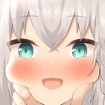  1girl absurdres bangs blush braid close-up commentary_request eyebrows_visible_through_hair green_eyes hair_between_eyes hand_on_another&#039;s_chin highres hololive looking_at_viewer morihisa_kakato open_mouth pov pov_hands shirakami_fubuki sidelocks single_braid solo squishing virtual_youtuber white_hair 