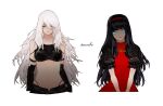  2girls android armlet black_gloves black_hair blue_eyes closed_mouth collarbone commentary_request dress elbow_gloves gloves grey_eyes hairband highres joints long_hair mole mole_under_mouth multiple_girls n2_(nier_automata) navel nier_(series) nier_automata partial_commentary puffy_sleeves red_dress red_hairband remiilla robot_joints short_hair twitter_username very_long_hair white_background white_hair yorha_type_a_no._2 